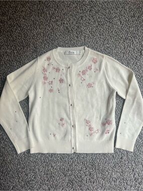 Bonpoint Cream Cardigan with Pink Floral Embroidery